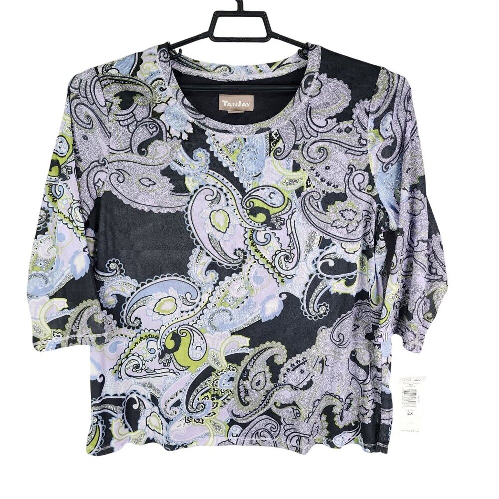 Womens Lavender TanJay Paisley Print Top 3/4 Sleeve Round Neck Size 2X